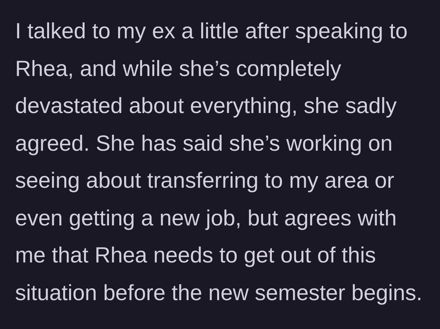 Story part 4 - The dad and his ex-wife discuss the situation and agree the daughter needs to move immediately for her own safety.