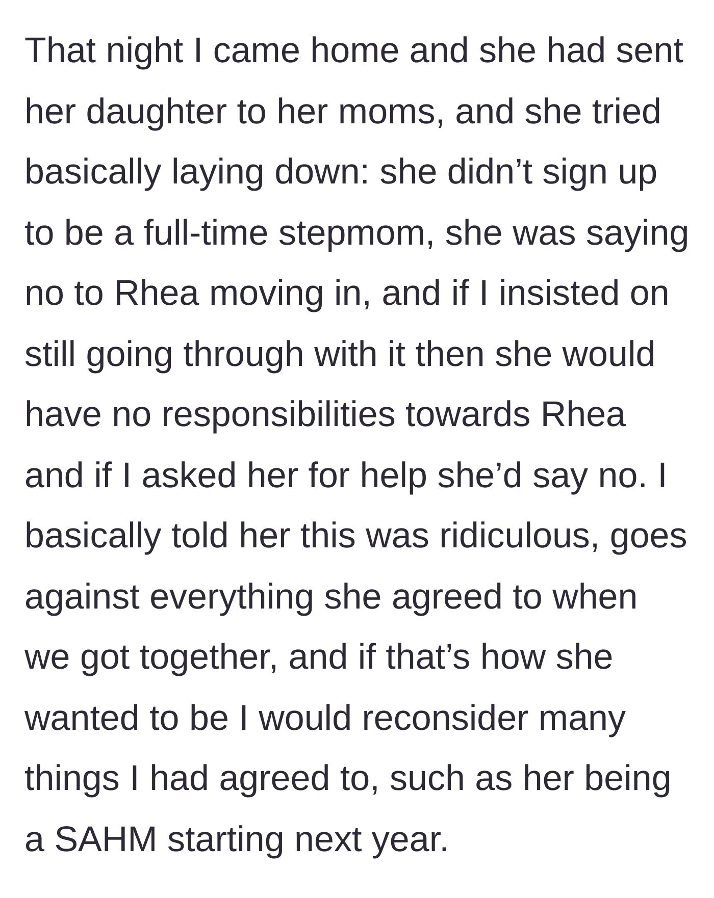 Story part 6 - The wife refuses to act as a stepmom, prompting the dad to threaten canceling her dream of becoming a stay-at-home mom.