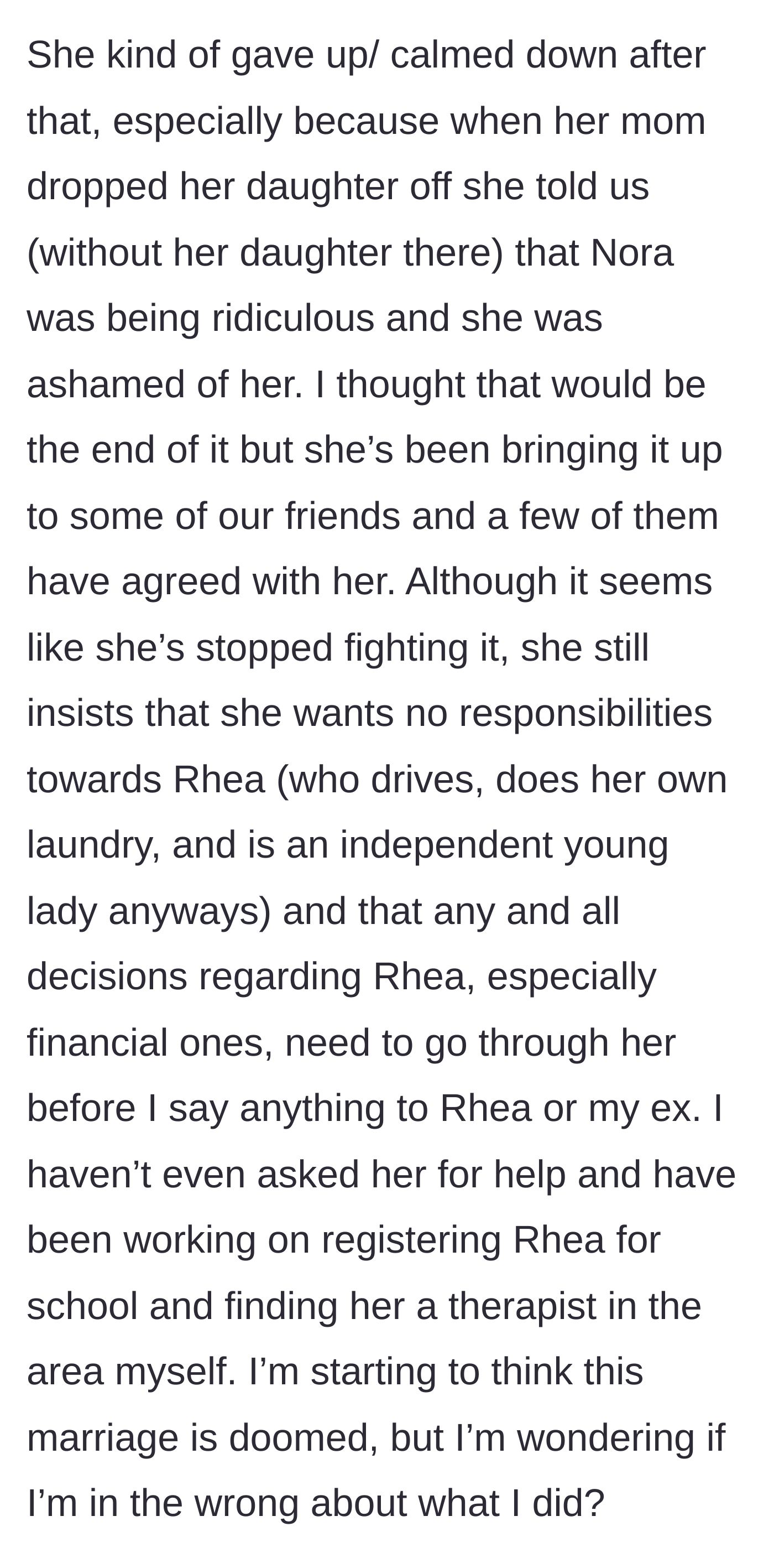 Story part 7 - The wife's own mother shames her behavior, and while the wife backs down slightly, she demands zero responsibility for the teenager.