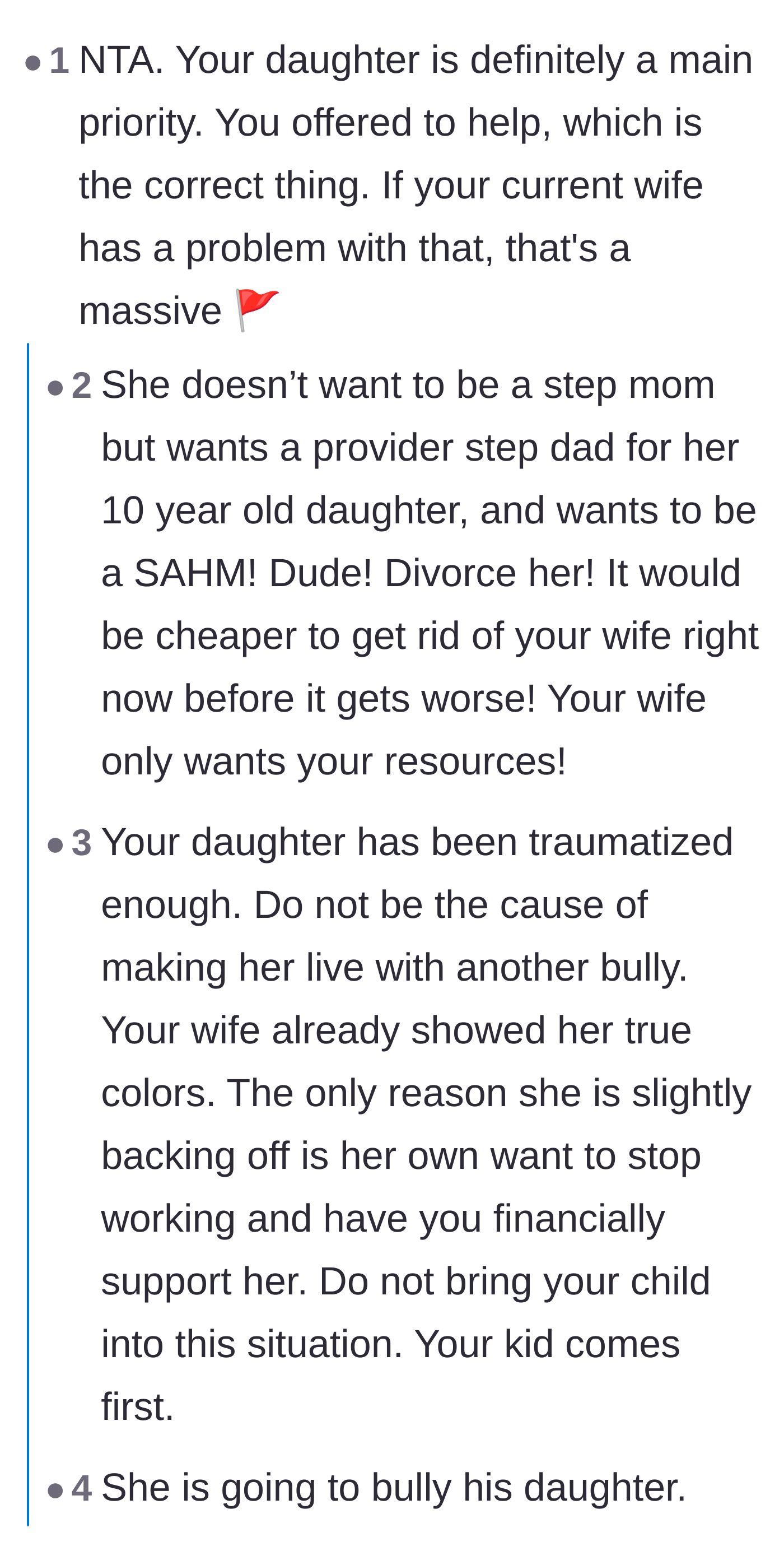 Comment thread 2 - Commenters discussing the wife's financial motives and how her demand for financial control over the daughter is a massive red flag.