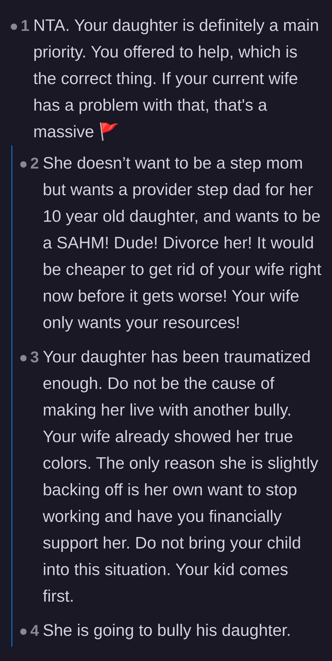 Comment thread 2 - Commenters discussing the wife's financial motives and how her demand for financial control over the daughter is a massive red flag.