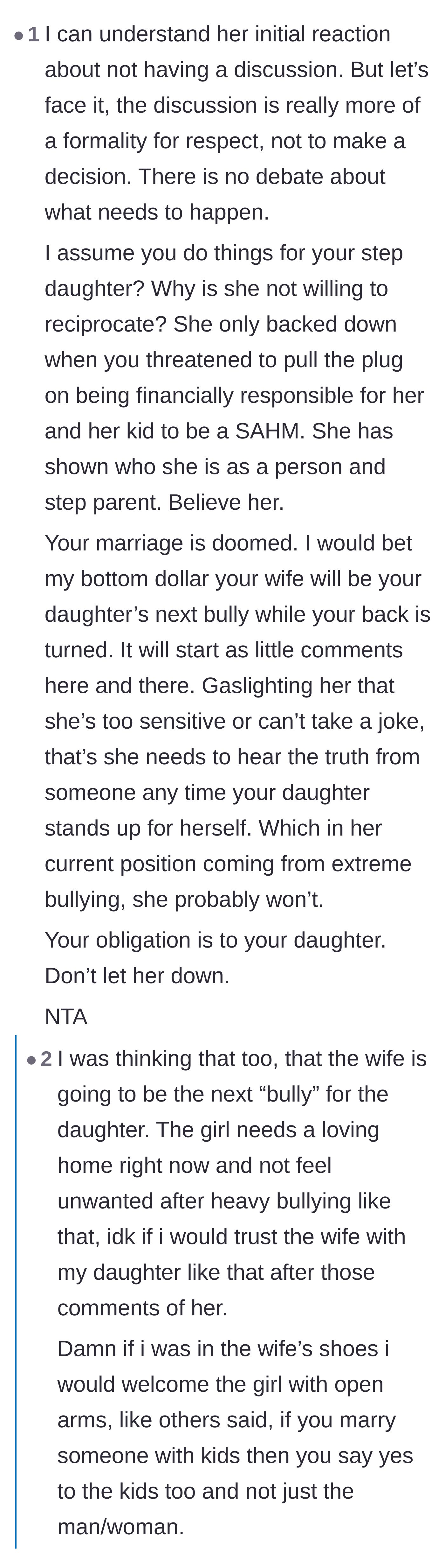 Comment thread 4 - Warnings that the stepmother will resort to covert, gaslighting behavior to bully the daughter behind the father's back.