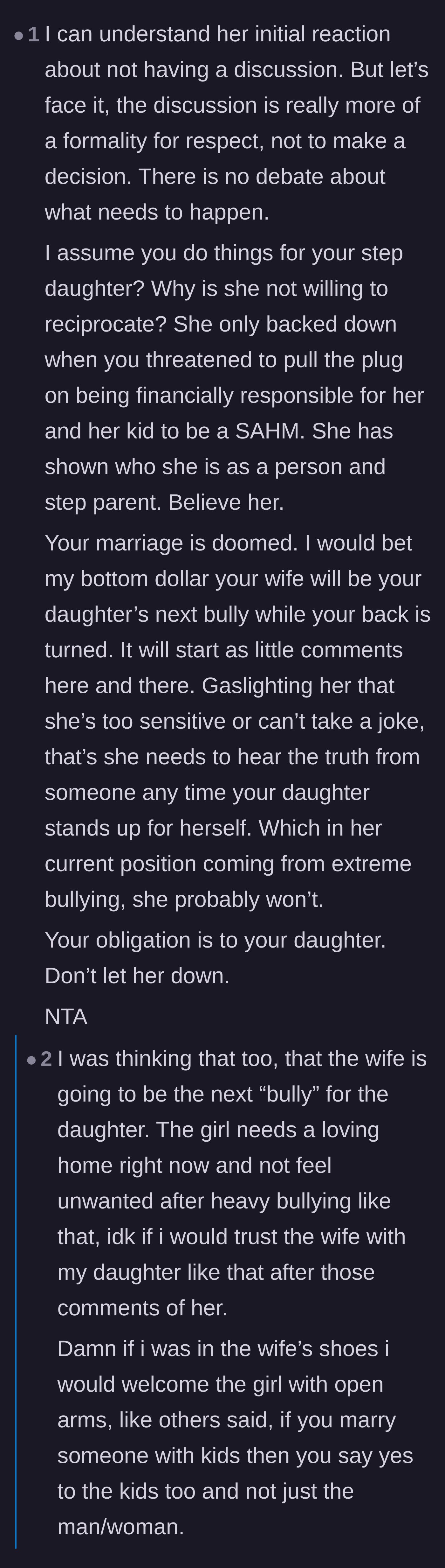 Comment thread 4 - Warnings that the stepmother will resort to covert, gaslighting behavior to bully the daughter behind the father's back.