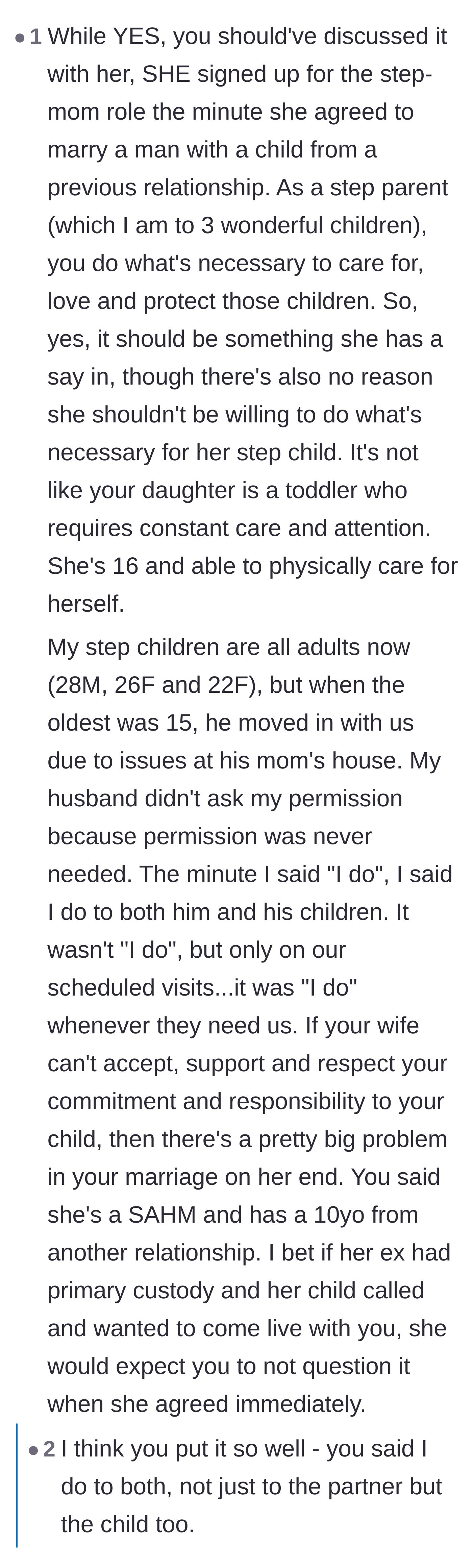 Comment thread 6 - A stepmother sharing her own experience and explaining that marrying a parent means committing to their children unconditionally.