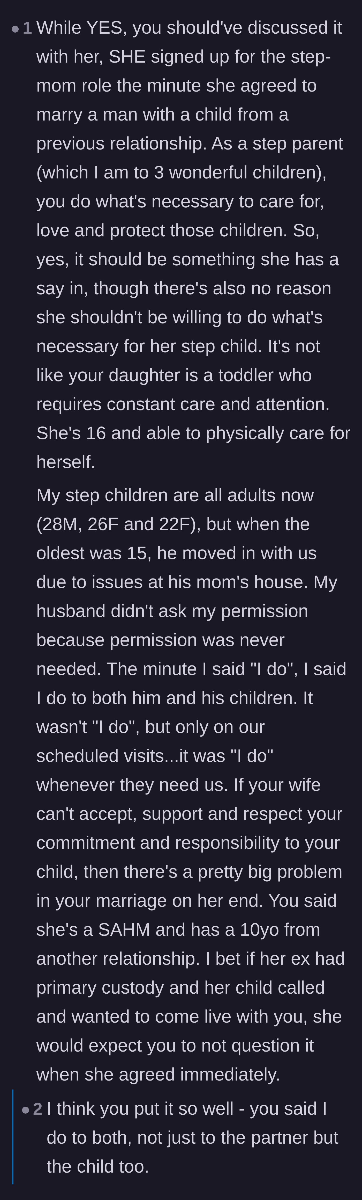 Comment thread 6 - A stepmother sharing her own experience and explaining that marrying a parent means committing to their children unconditionally.