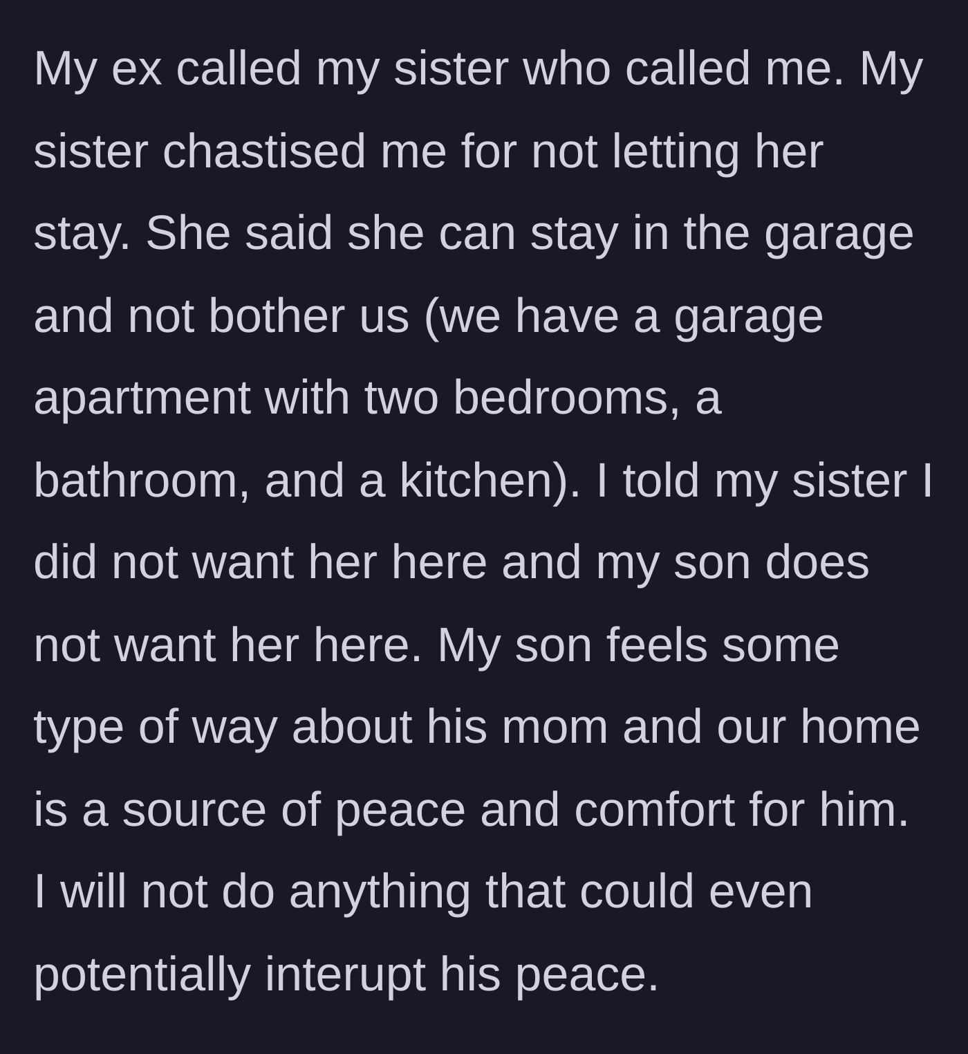 Story part 4 - The dad's sister meddles, suggesting the ex live in the garage apartment, but the dad refuses to compromise his son's peace.