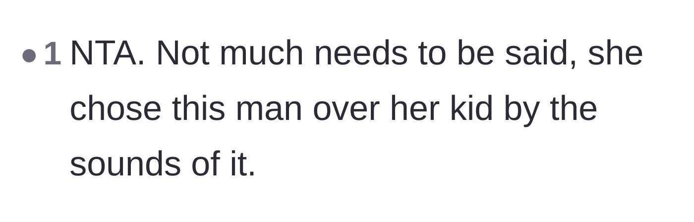 Comment thread 5 - A brief comment stating the ex made her choice by picking her husband over her son.