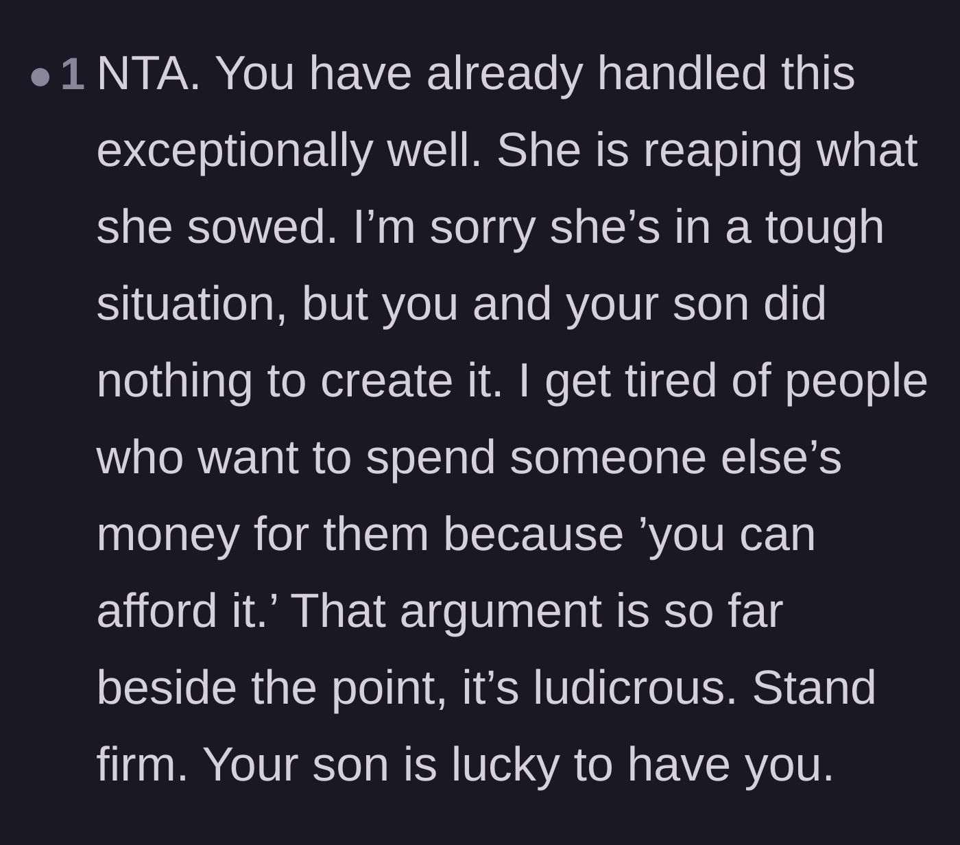 Comment thread 6 - Praise for the dad's boundary setting and a critique of relatives who try to spend other people's money.