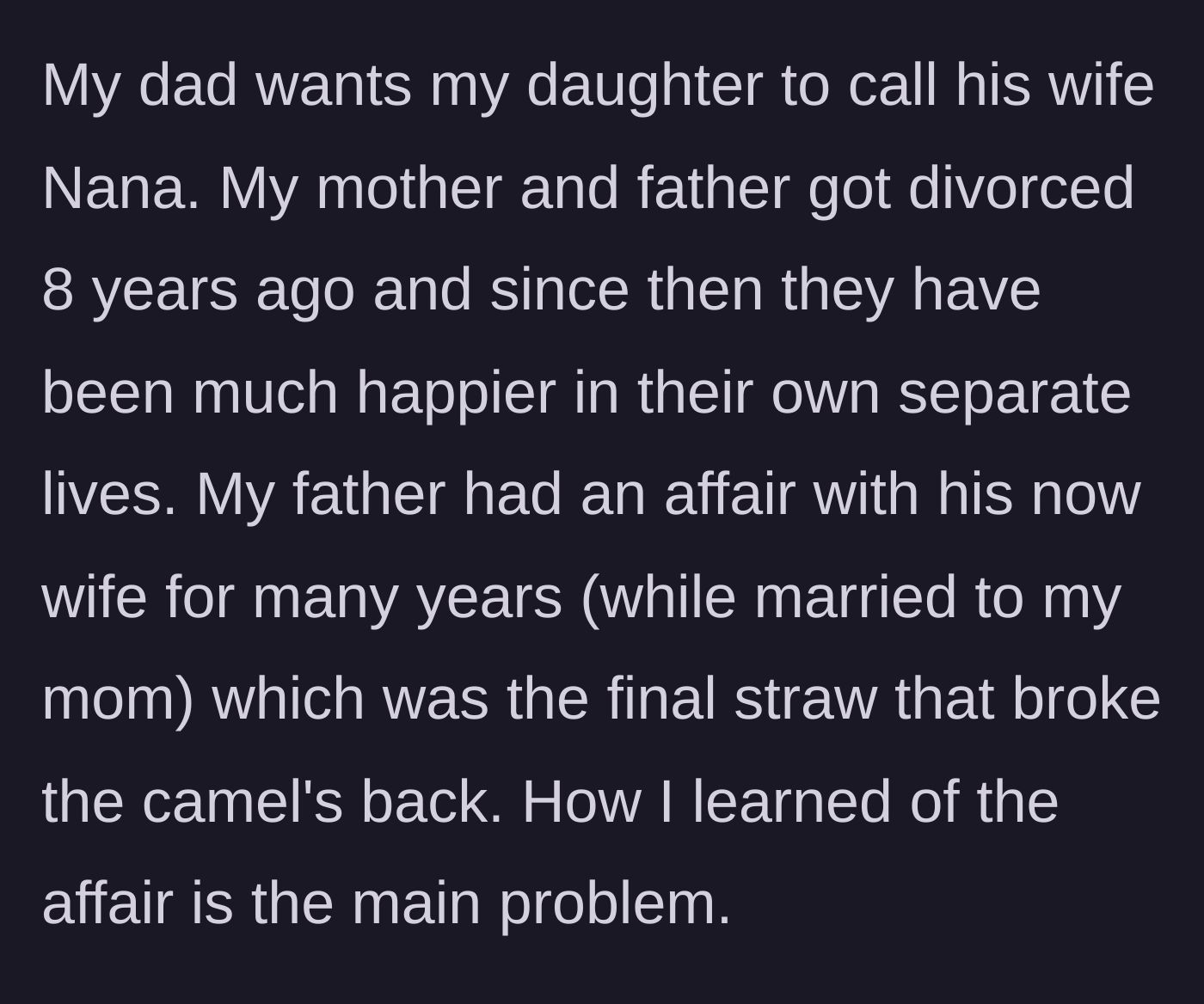 Story part 1 - The author explains her parents' divorce and the painful root of the conflict regarding her father's affair.