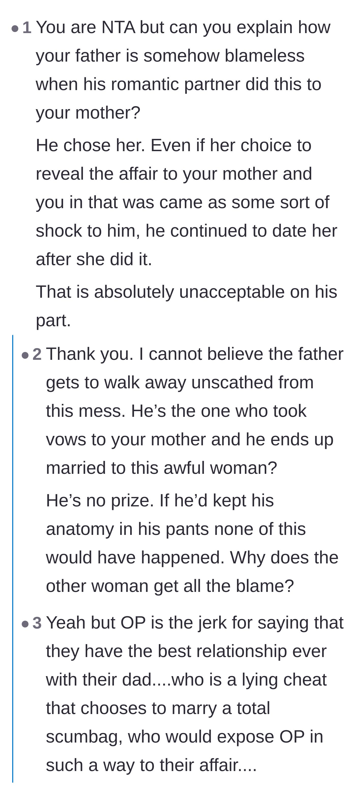 Comment thread 1 - Readers debating why the cheating father is completely forgiven while his mistress gets all the blame.