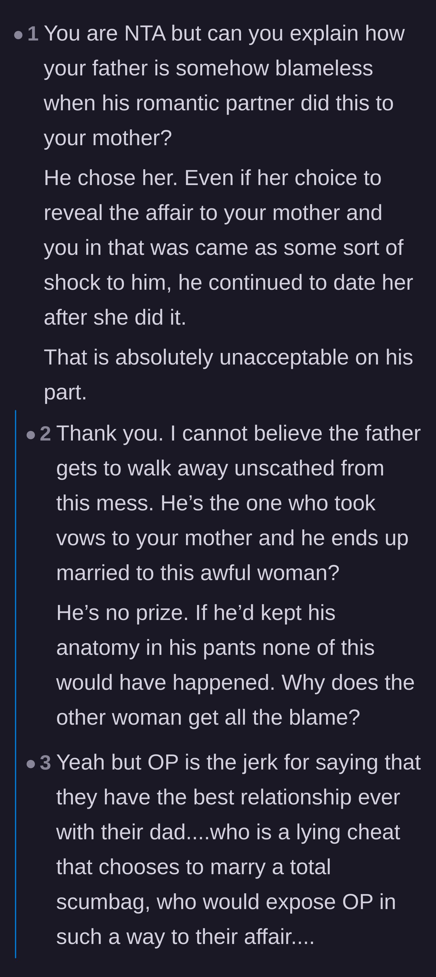 Comment thread 1 - Readers debating why the cheating father is completely forgiven while his mistress gets all the blame.