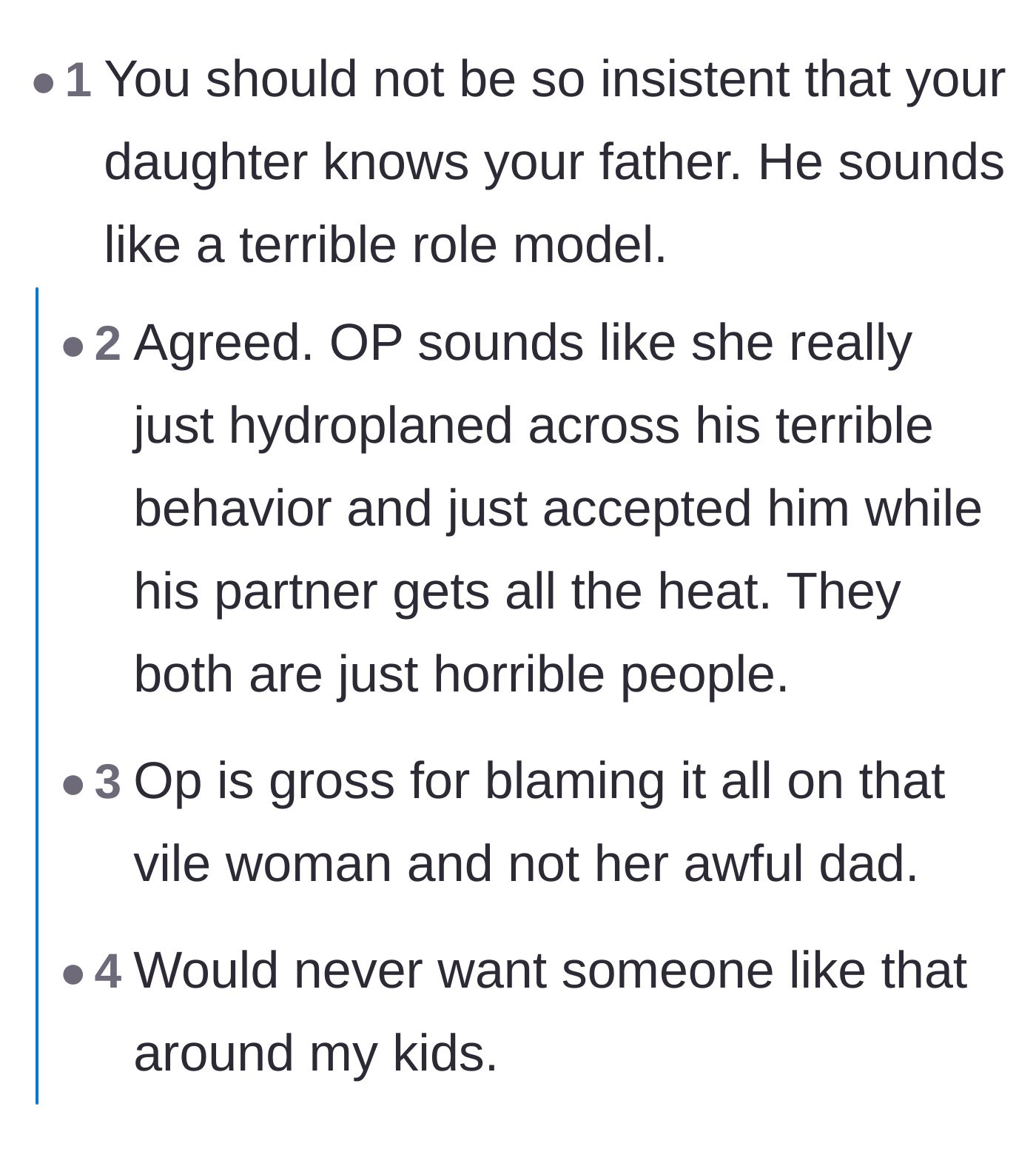 Comment thread 2 - Commenters questioning if the father is actually a safe or healthy role model for the author's young daughter.