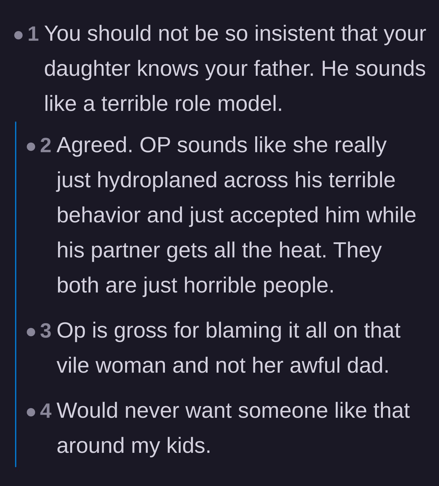 Comment thread 2 - Commenters questioning if the father is actually a safe or healthy role model for the author's young daughter.