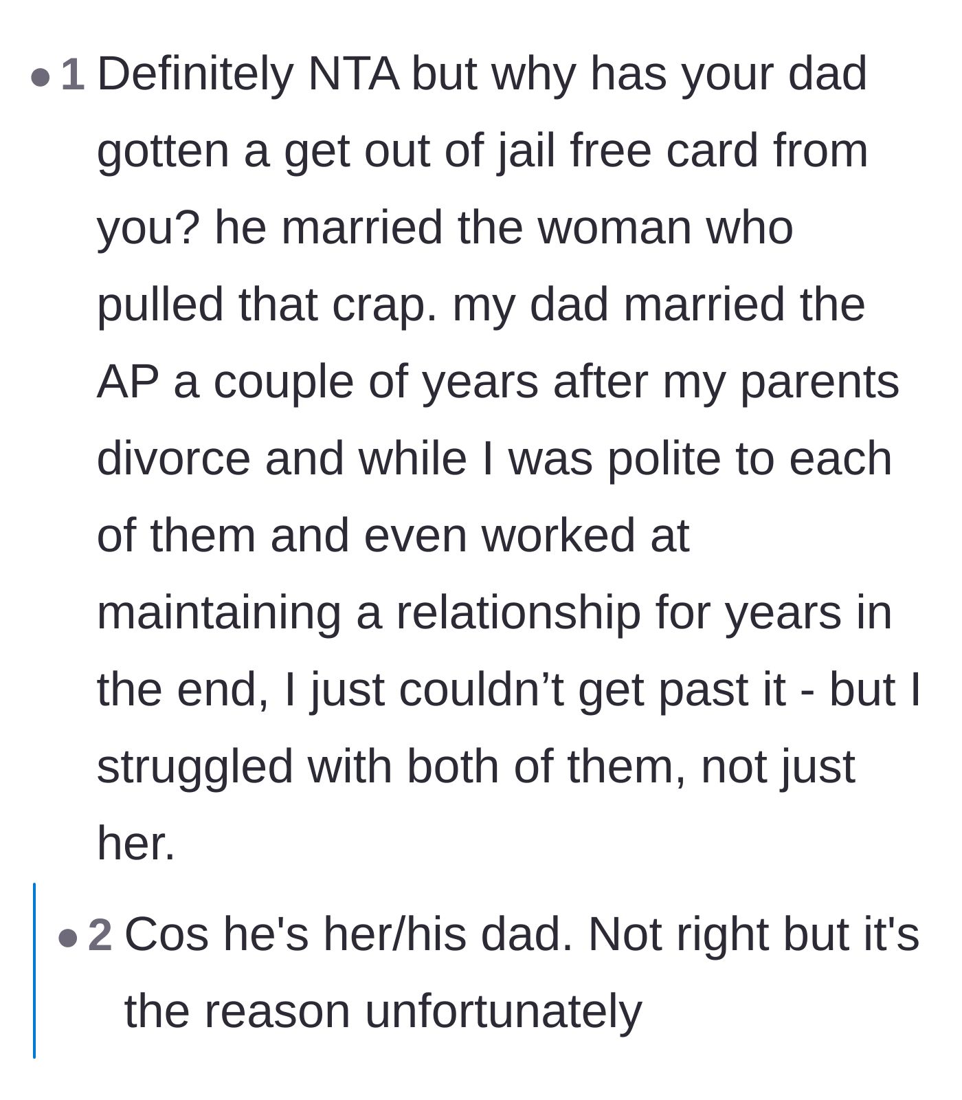 Comment thread 3 - A reader sharing their own painful struggle with trying to accept a parent who married their affair partner.