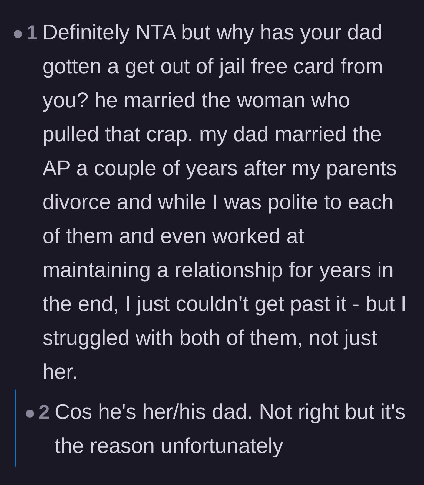 Comment thread 3 - A reader sharing their own painful struggle with trying to accept a parent who married their affair partner.