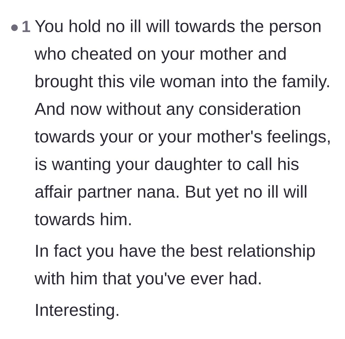 Comment thread 5 - A commenter expressing disbelief that the author holds no ill will toward her father after everything he orchestrated.