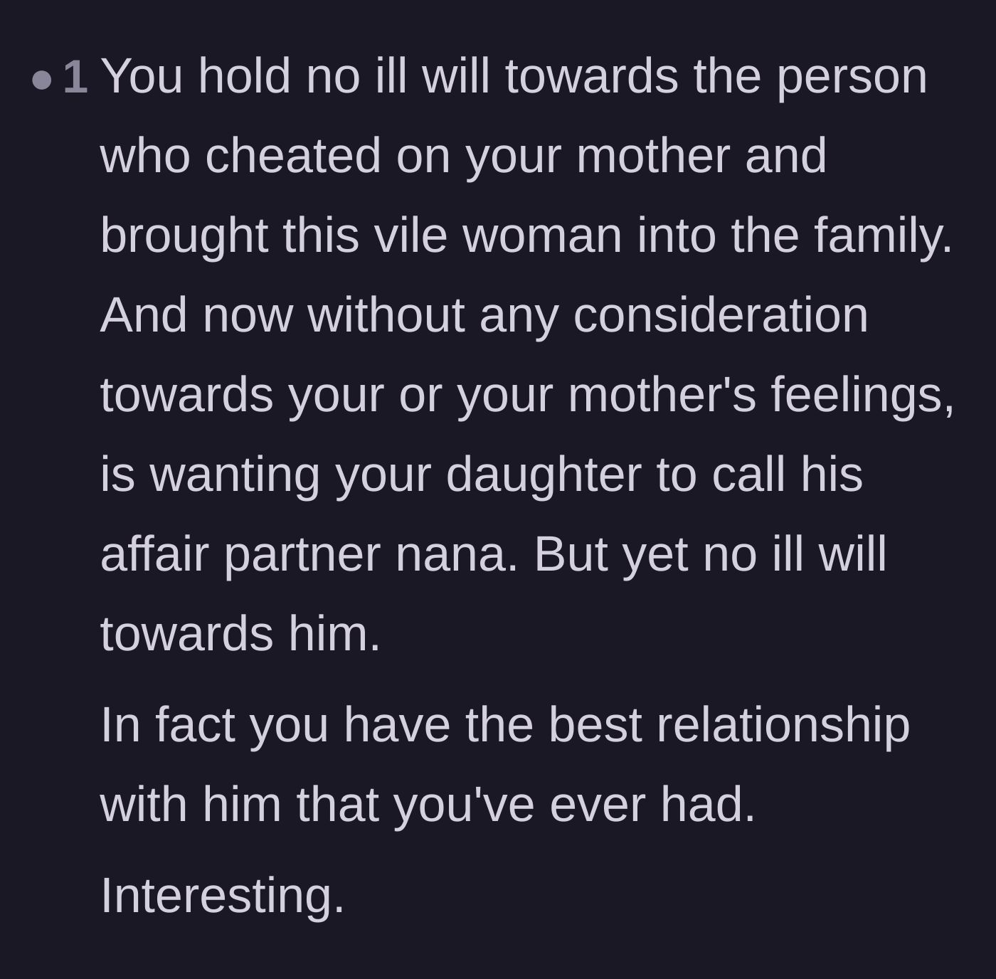 Comment thread 5 - A commenter expressing disbelief that the author holds no ill will toward her father after everything he orchestrated.