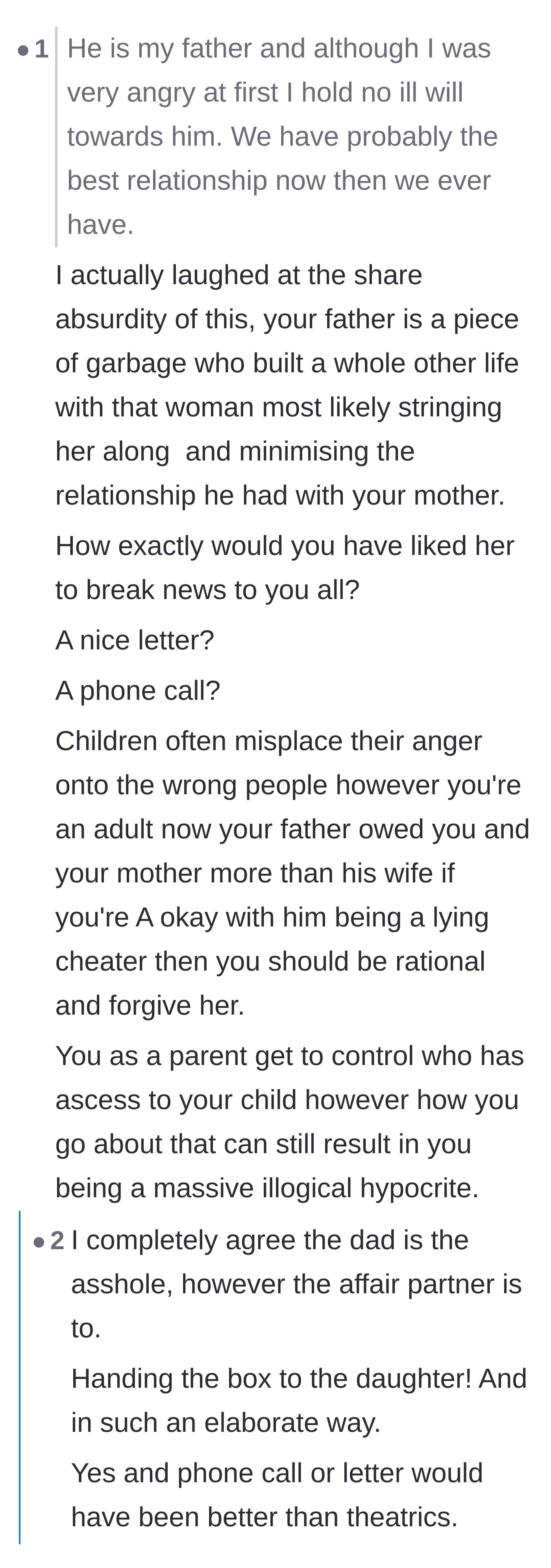 Comment thread 6 - A tough-love response calling out the absurdity of forgiving the cheating father while permanently condemning his wife.