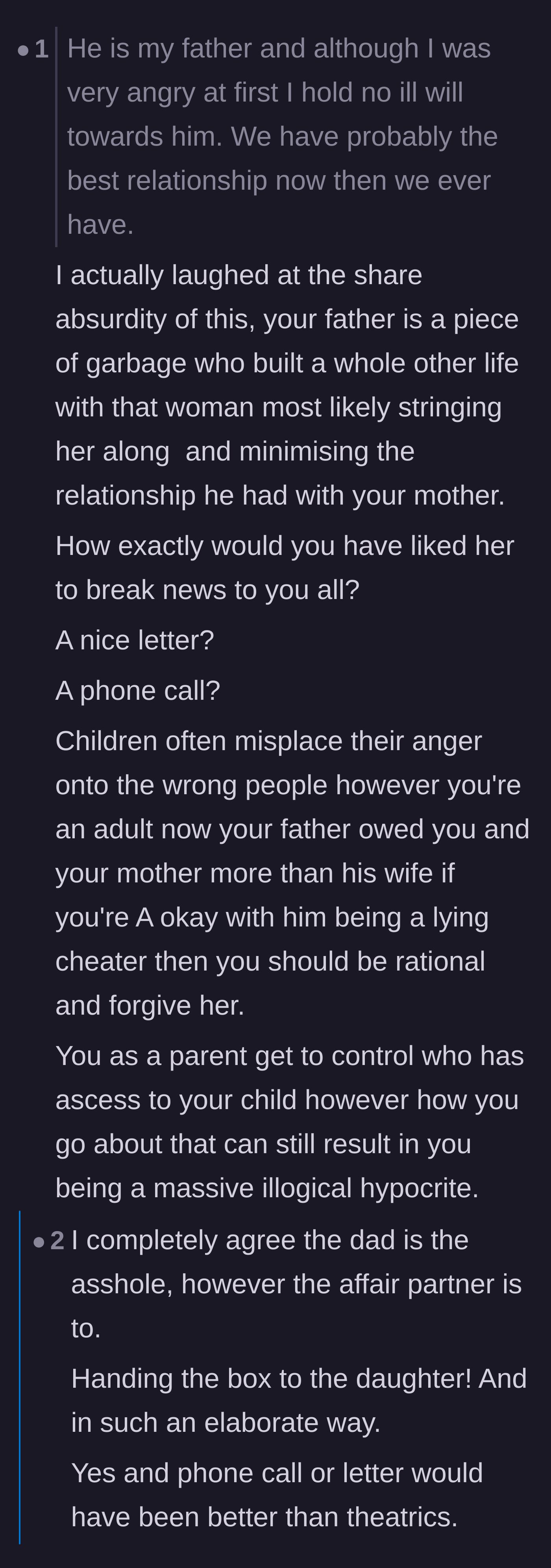 Comment thread 6 - A tough-love response calling out the absurdity of forgiving the cheating father while permanently condemning his wife.
