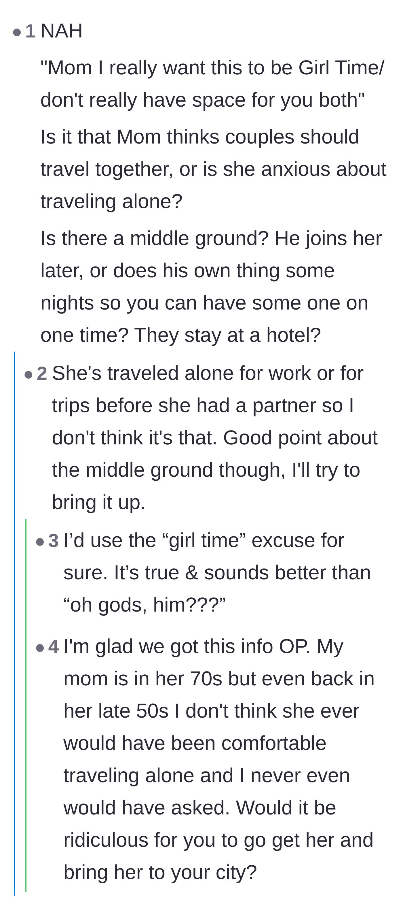 Comment thread 3 - Advice suggesting a middle ground and using a 'girl time' excuse to gently set the boundary without causing a fight.