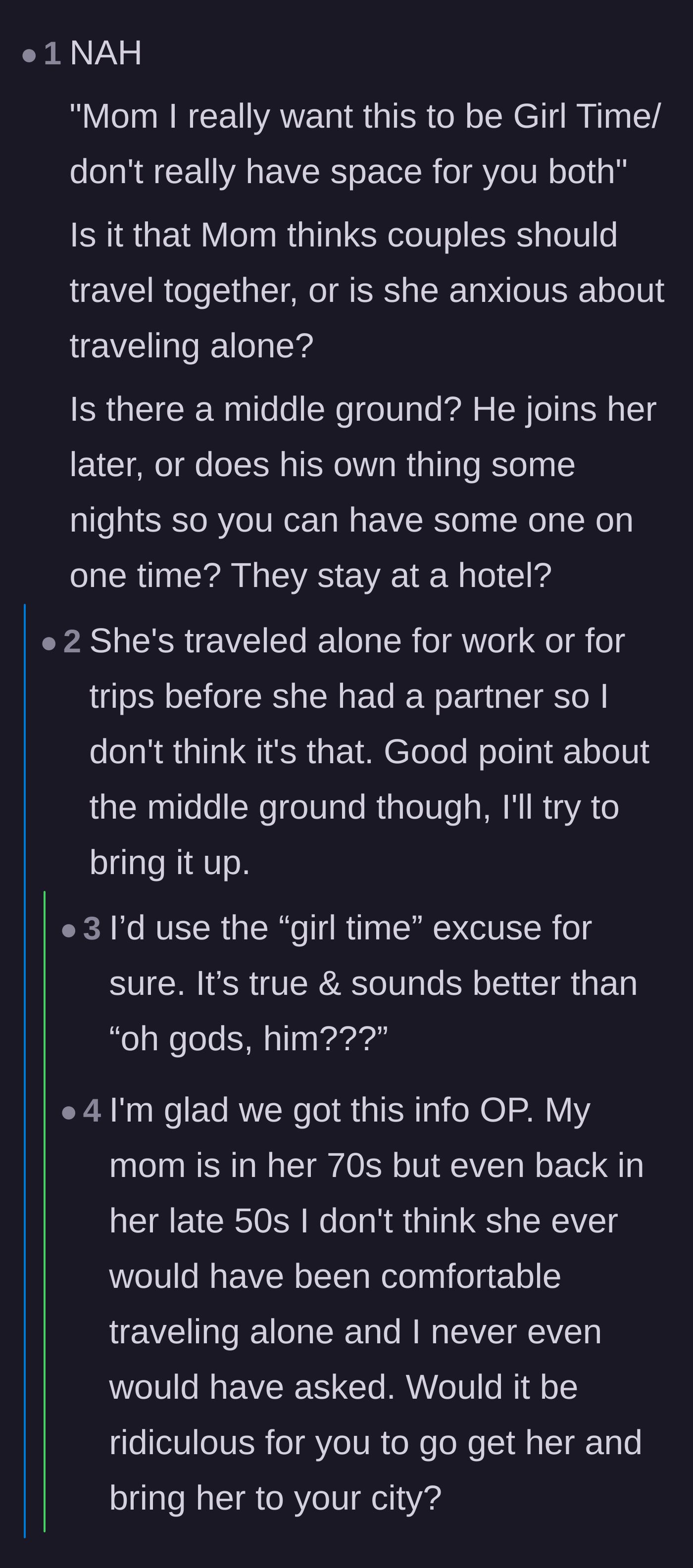 Comment thread 3 - Advice suggesting a middle ground and using a 'girl time' excuse to gently set the boundary without causing a fight.