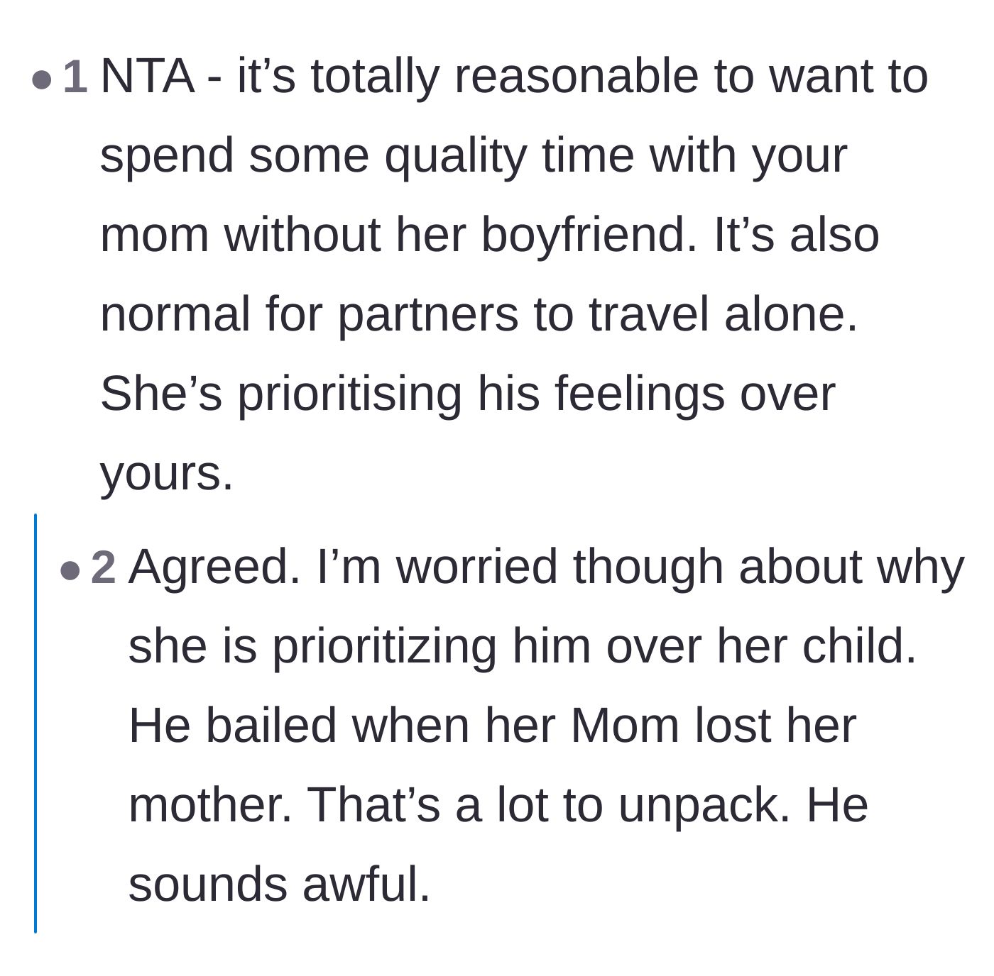 Comment thread 4 - Debate on whether the mother is prioritizing the husband or herself, with one reply suggesting the husband is actively controlling the dynamic.