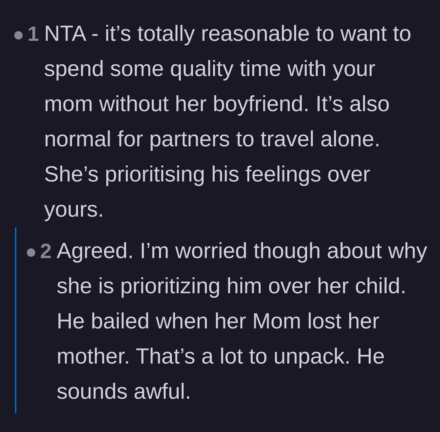 Comment thread 4 - Debate on whether the mother is prioritizing the husband or herself, with one reply suggesting the husband is actively controlling the dynamic.