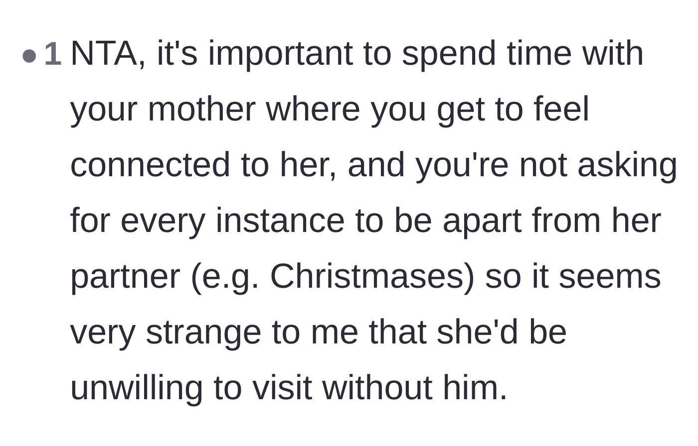 Comment thread 5 - Support for the daughter's boundary, noting that she isn't banning the partner from major family holidays.