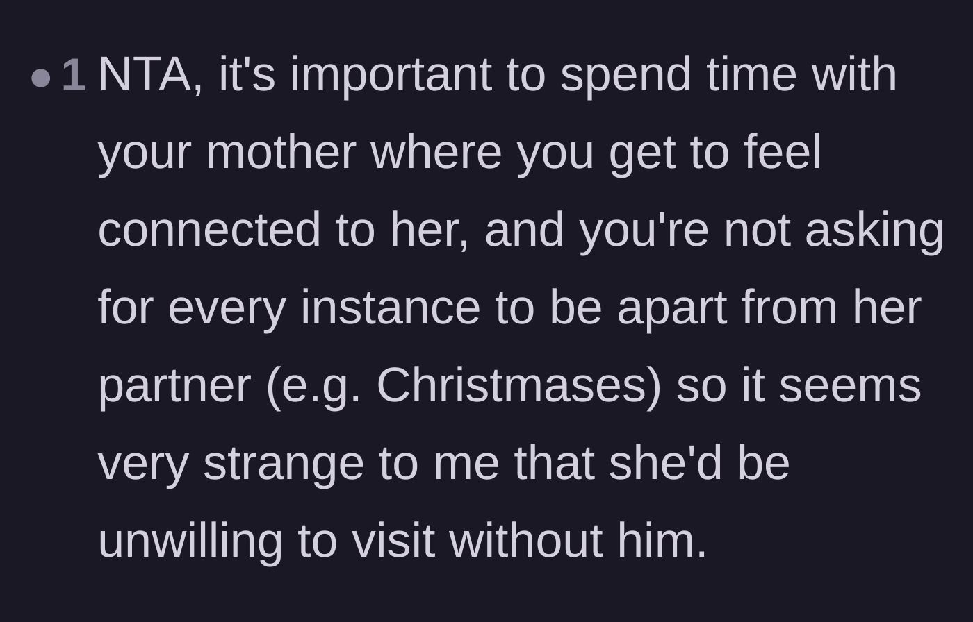 Comment thread 5 - Support for the daughter's boundary, noting that she isn't banning the partner from major family holidays.