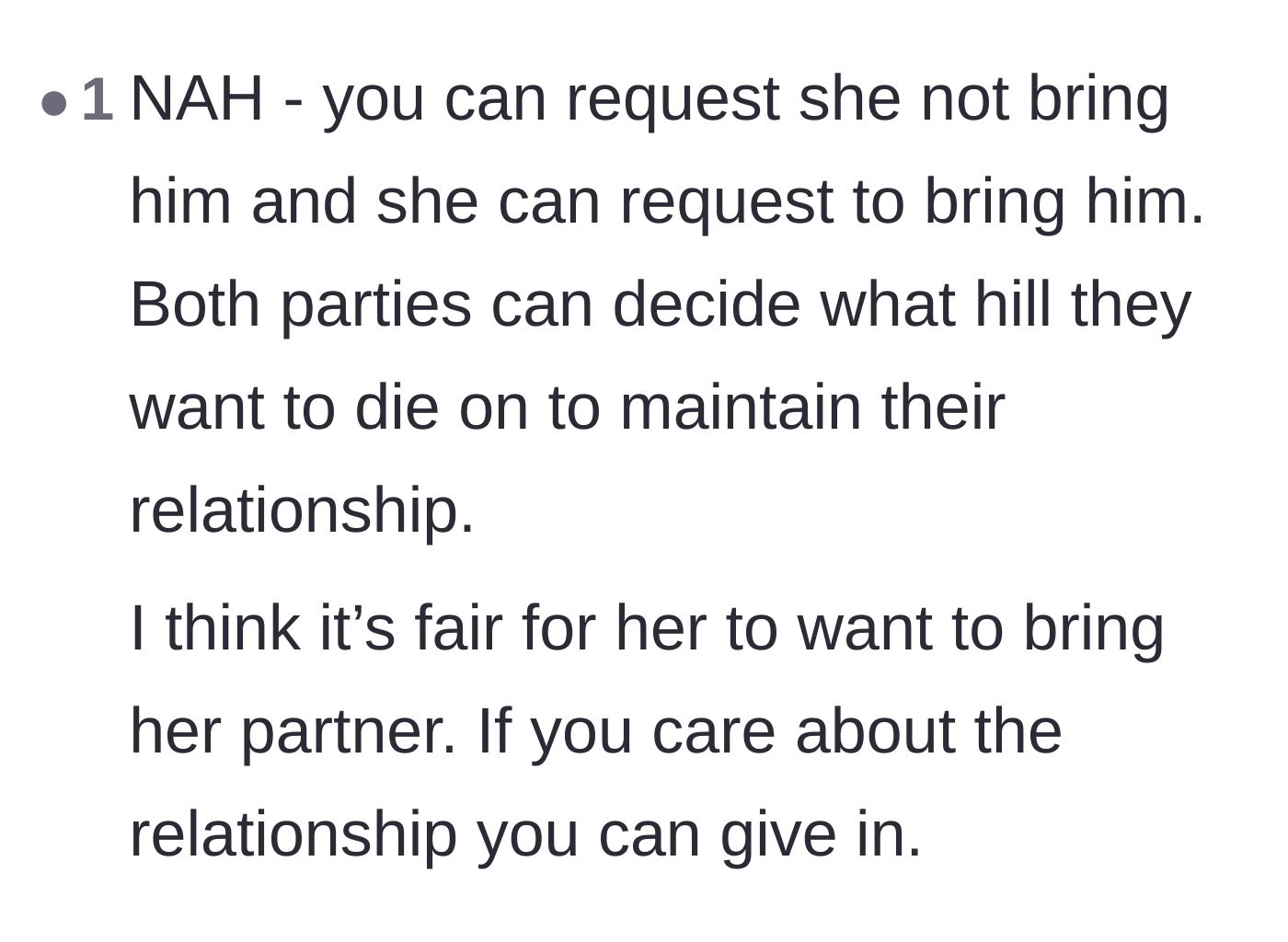 Comment thread 6 - Advice suggesting both parties must decide which hill to die on and if the relationship is worth giving in.