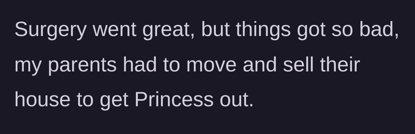 Story part 10 - The update that the surgery was successful, but the parents had to sell their house to finally evict Princess.