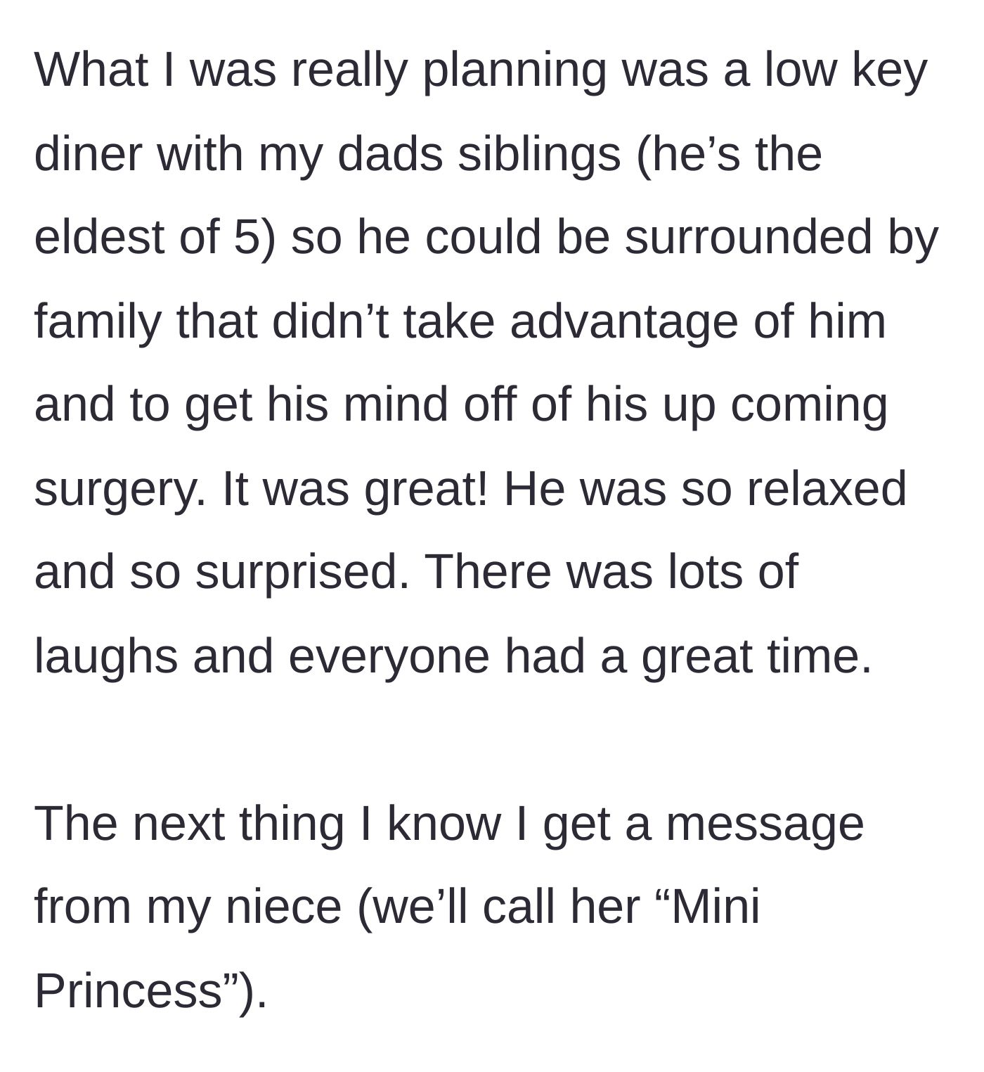 Story part 5 - The surprise low-key diner party with the dad's siblings, followed by a looming angry text from the niece.