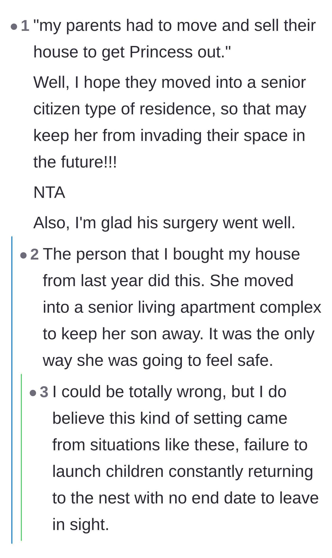 Comment thread 1 - Discussion on parents moving into senior living communities to escape adult children who refuse to leave home.