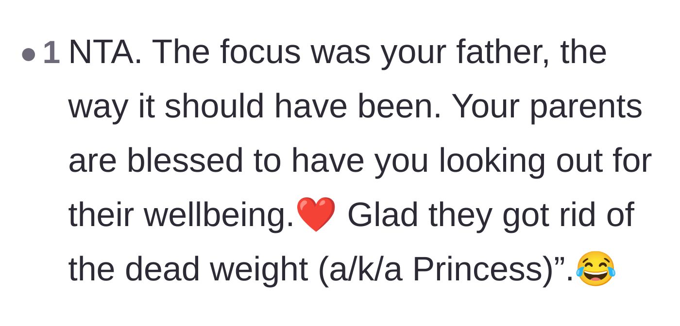 Comment thread 2 - Praise for the author prioritizing her dad and celebrating the removal of the parasitic sister.
