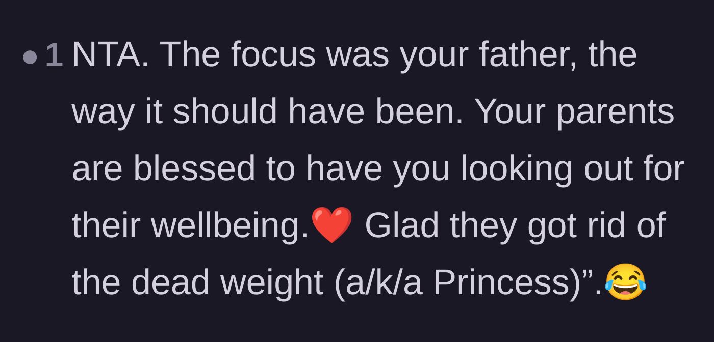 Comment thread 2 - Praise for the author prioritizing her dad and celebrating the removal of the parasitic sister.