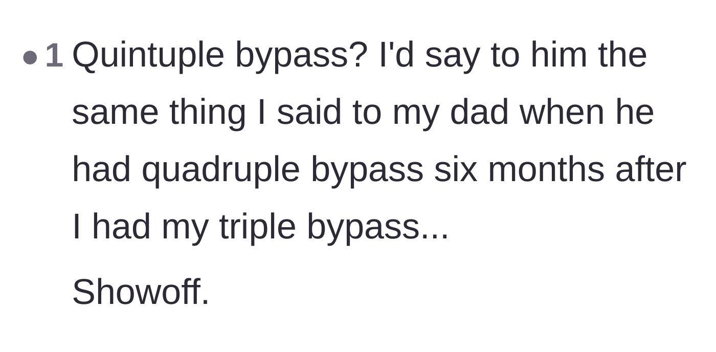 Comment thread 3 - A dark humor joke comparing the severity of different heart bypass surgeries.
