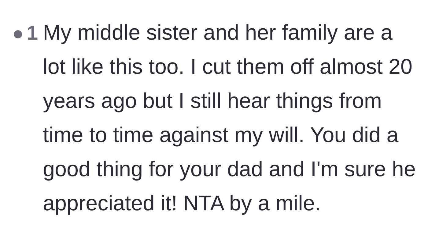 Comment thread 6 - A reader sharing their own success story of cutting off an entitled sibling decades ago.