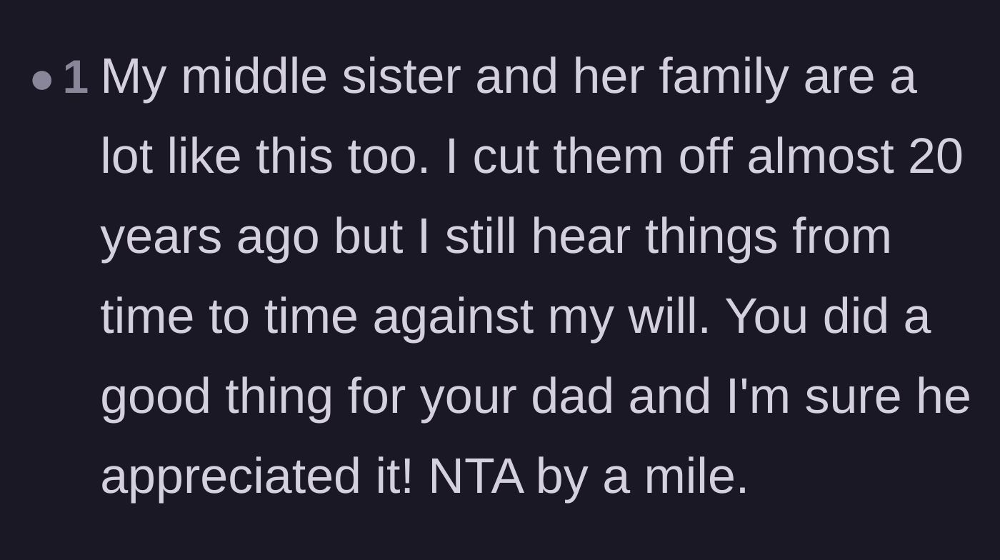 Comment thread 6 - A reader sharing their own success story of cutting off an entitled sibling decades ago.