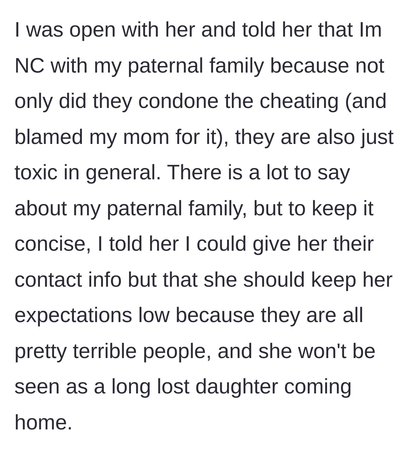 Story part 3 - The main character warns her new half-sister about their toxic paternal family and gently manages her expectations about meeting them.