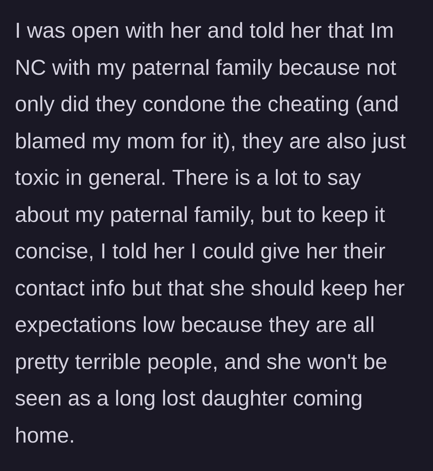 Story part 3 - The main character warns her new half-sister about their toxic paternal family and gently manages her expectations about meeting them.