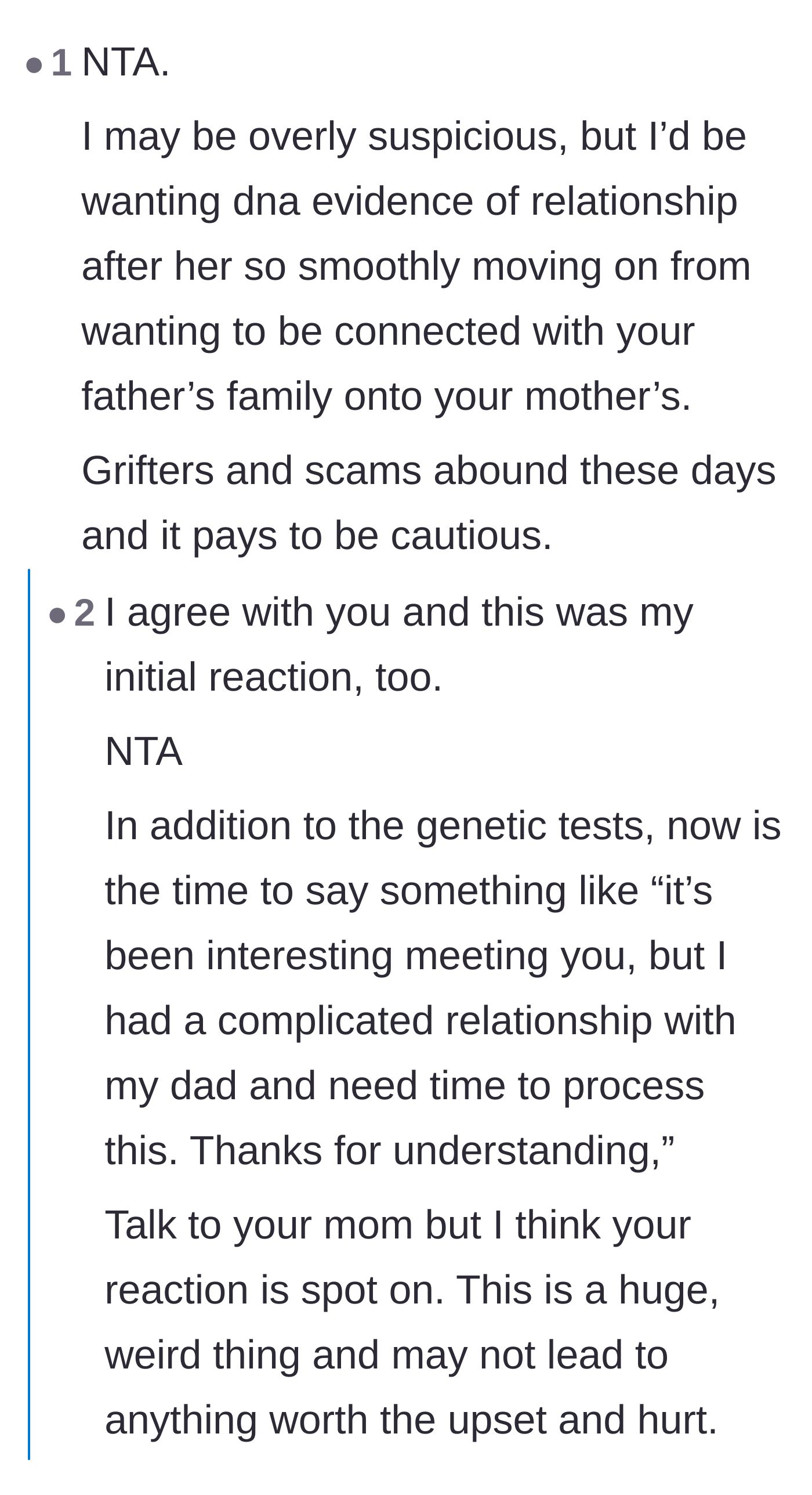 Comment thread 1 - Advice on getting a DNA test and being cautious of a scam