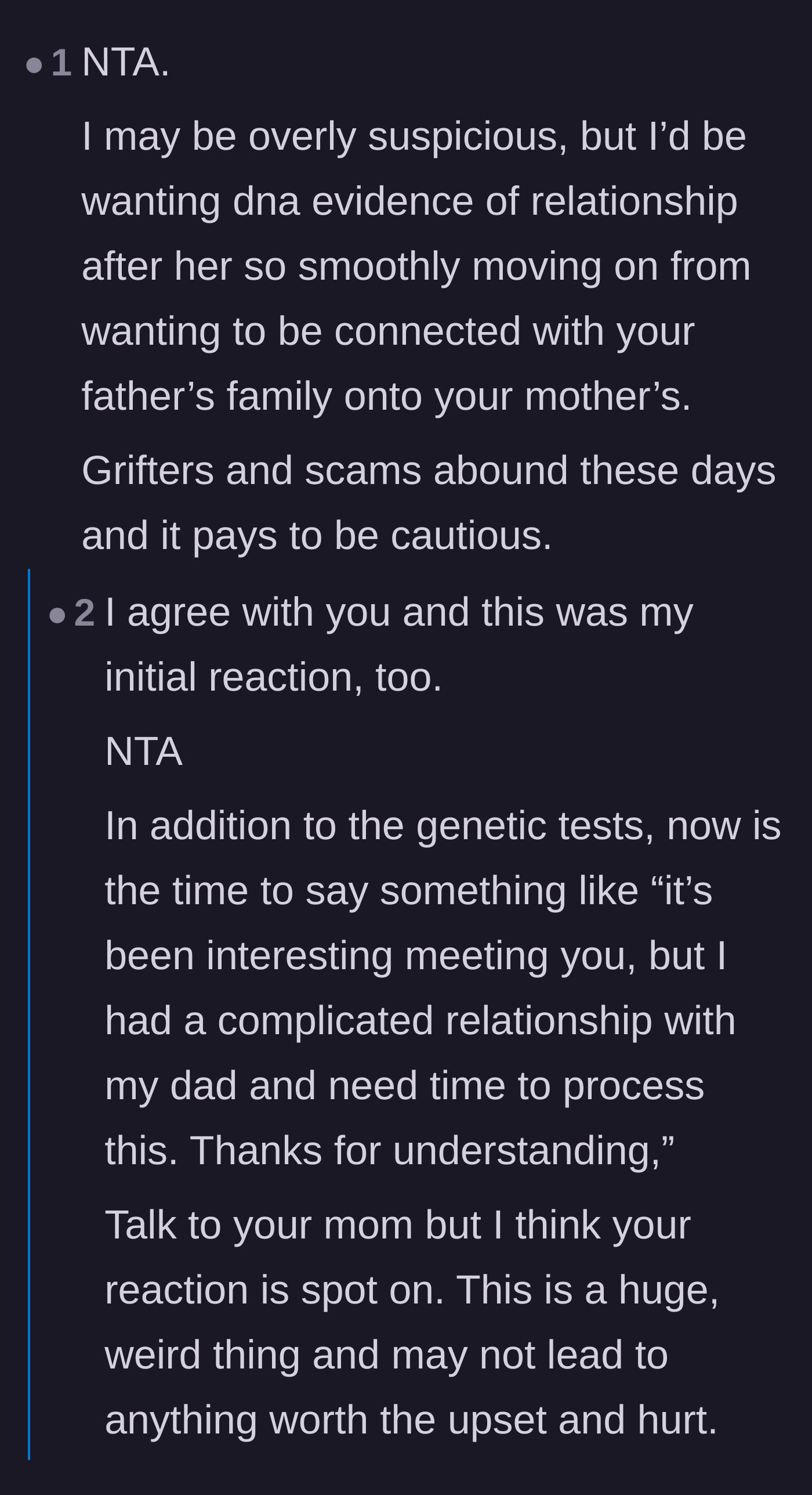 Comment thread 1 - Advice on getting a DNA test and being cautious of a scam