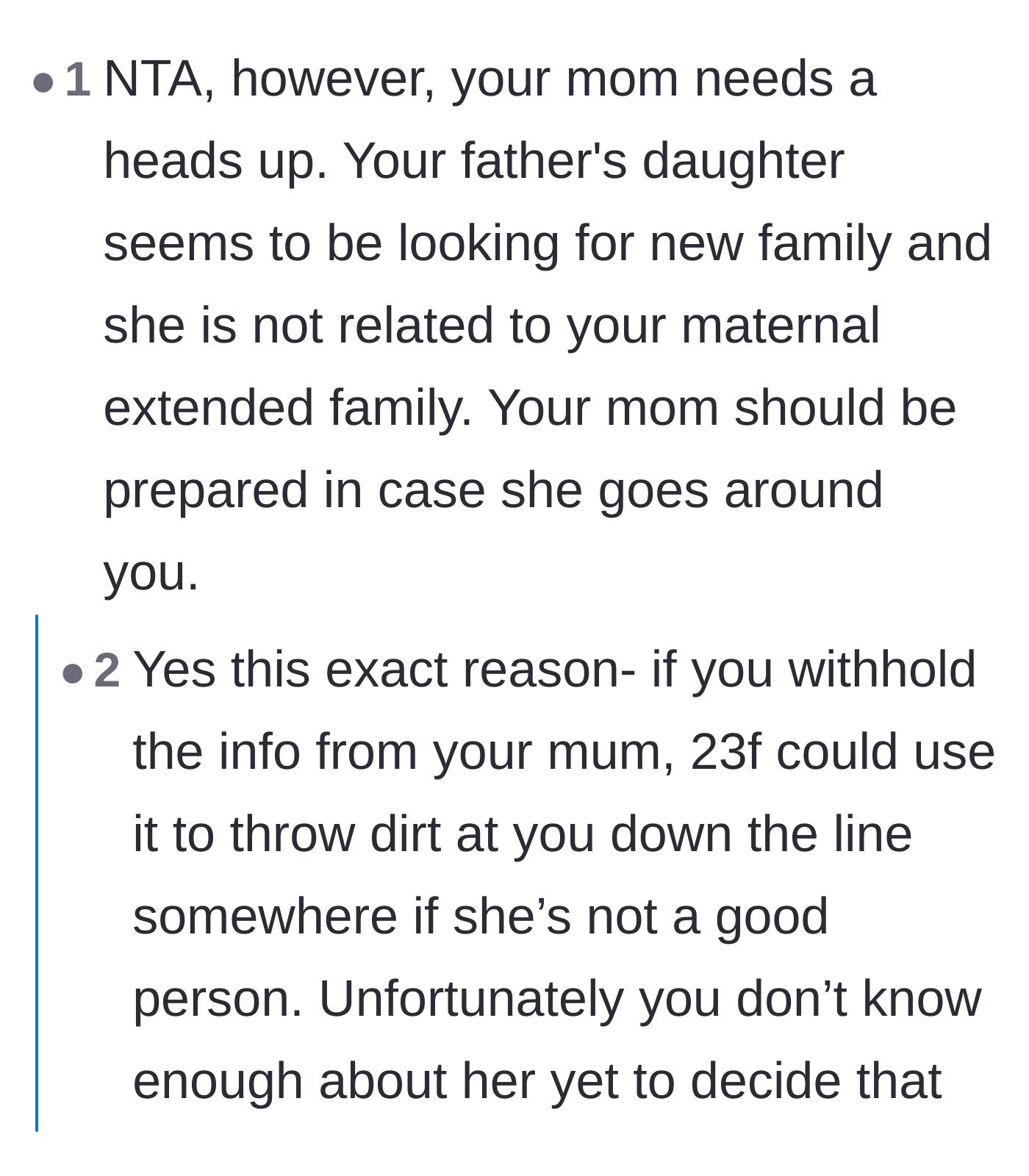 Comment thread 2 - Warning the main character to give her mom a heads up in case the half-sister reaches out directly