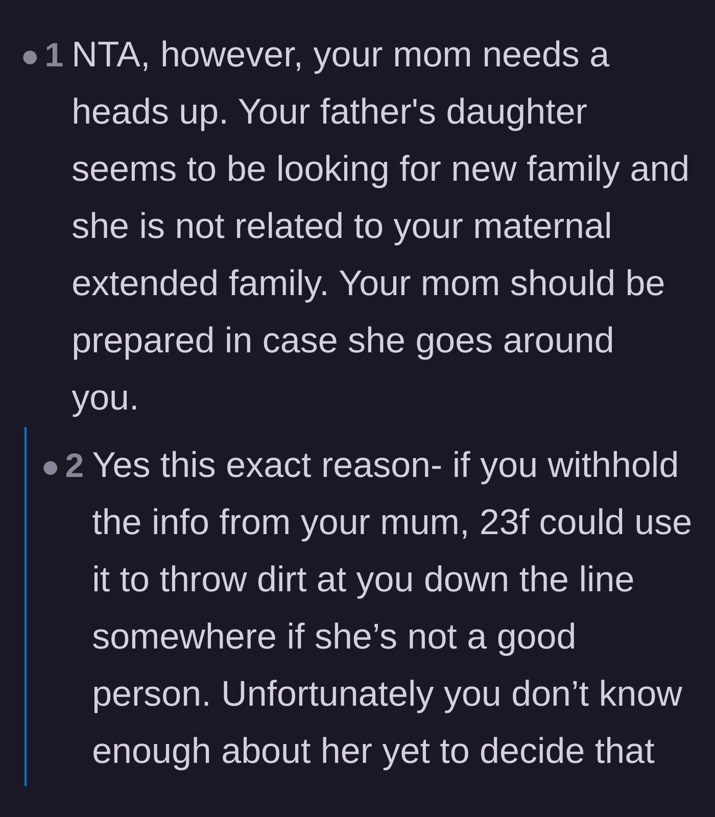 Comment thread 2 - Warning the main character to give her mom a heads up in case the half-sister reaches out directly