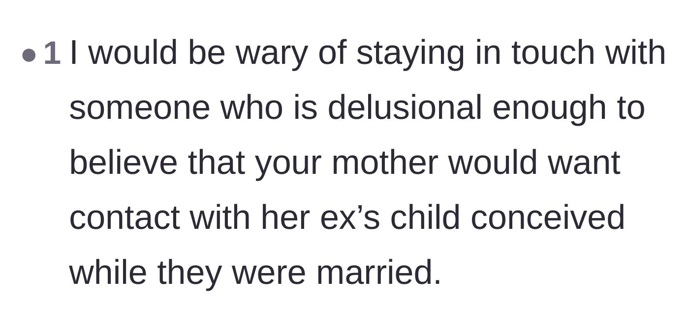 Comment thread 5 - Questioning the half-sister's bizarre and delusional expectations