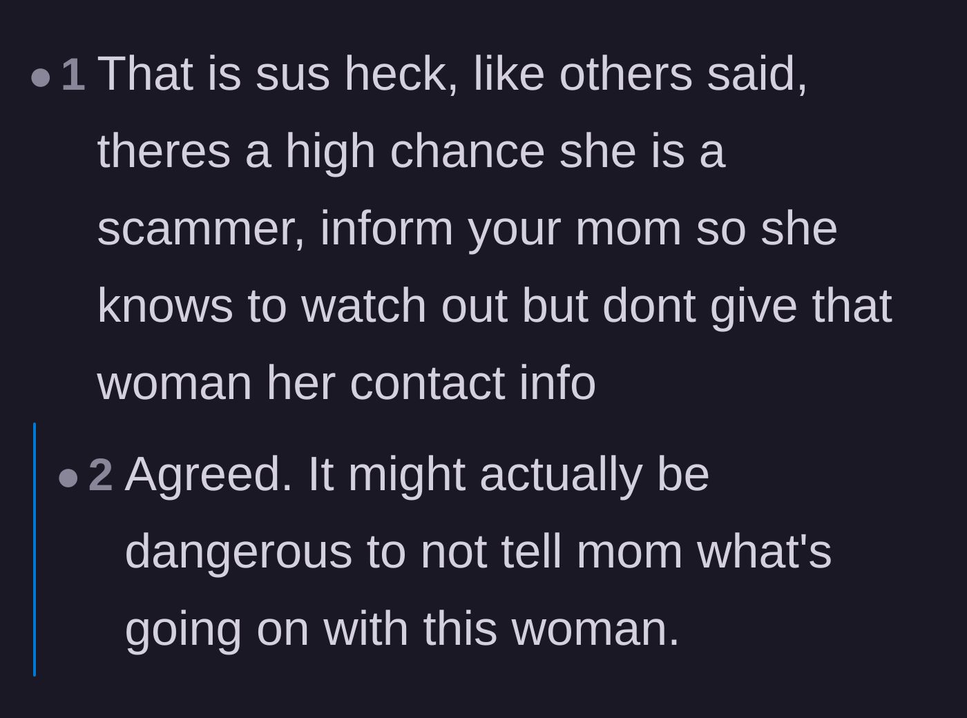 Comment thread 6 - Advising the main character to warn her mom about a potential scammer