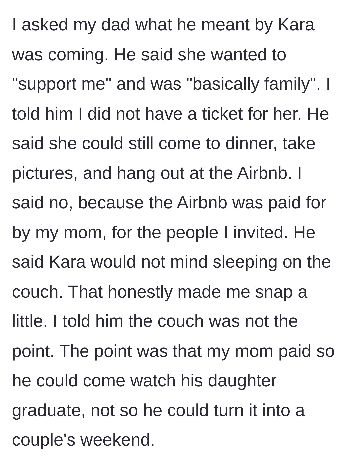 Story part 4 - The daughter refuses to accommodate the girlfriend, vehemently rejecting the father's plan to crash the mother's paid Airbnb.