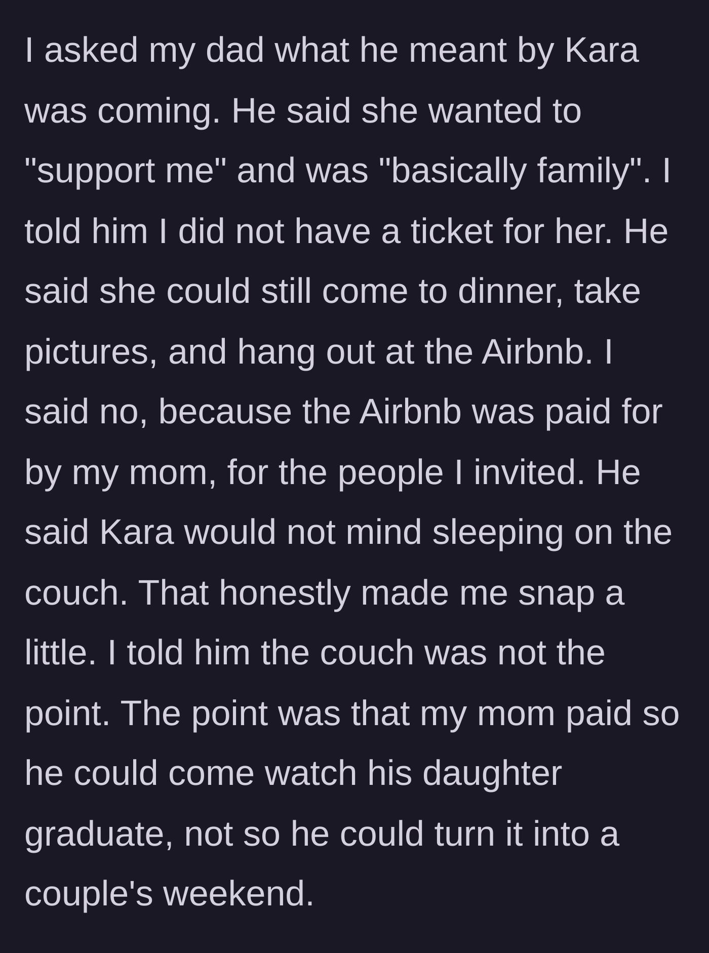 Story part 4 - The daughter refuses to accommodate the girlfriend, vehemently rejecting the father's plan to crash the mother's paid Airbnb.