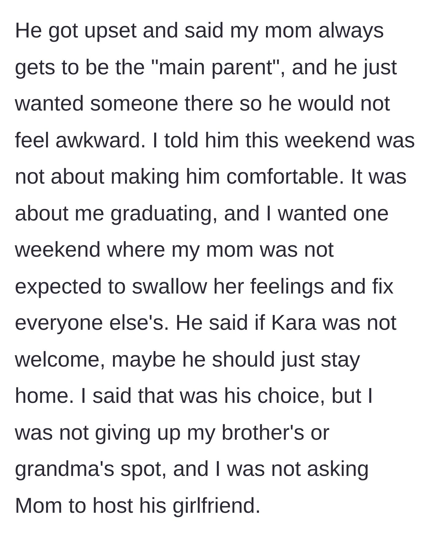 Story part 5 - The father throws a pity party about feeling awkward and threatens to stay home when his daughter holds firm.