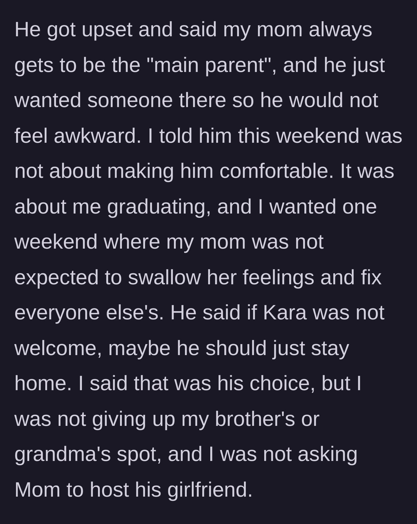 Story part 5 - The father throws a pity party about feeling awkward and threatens to stay home when his daughter holds firm.